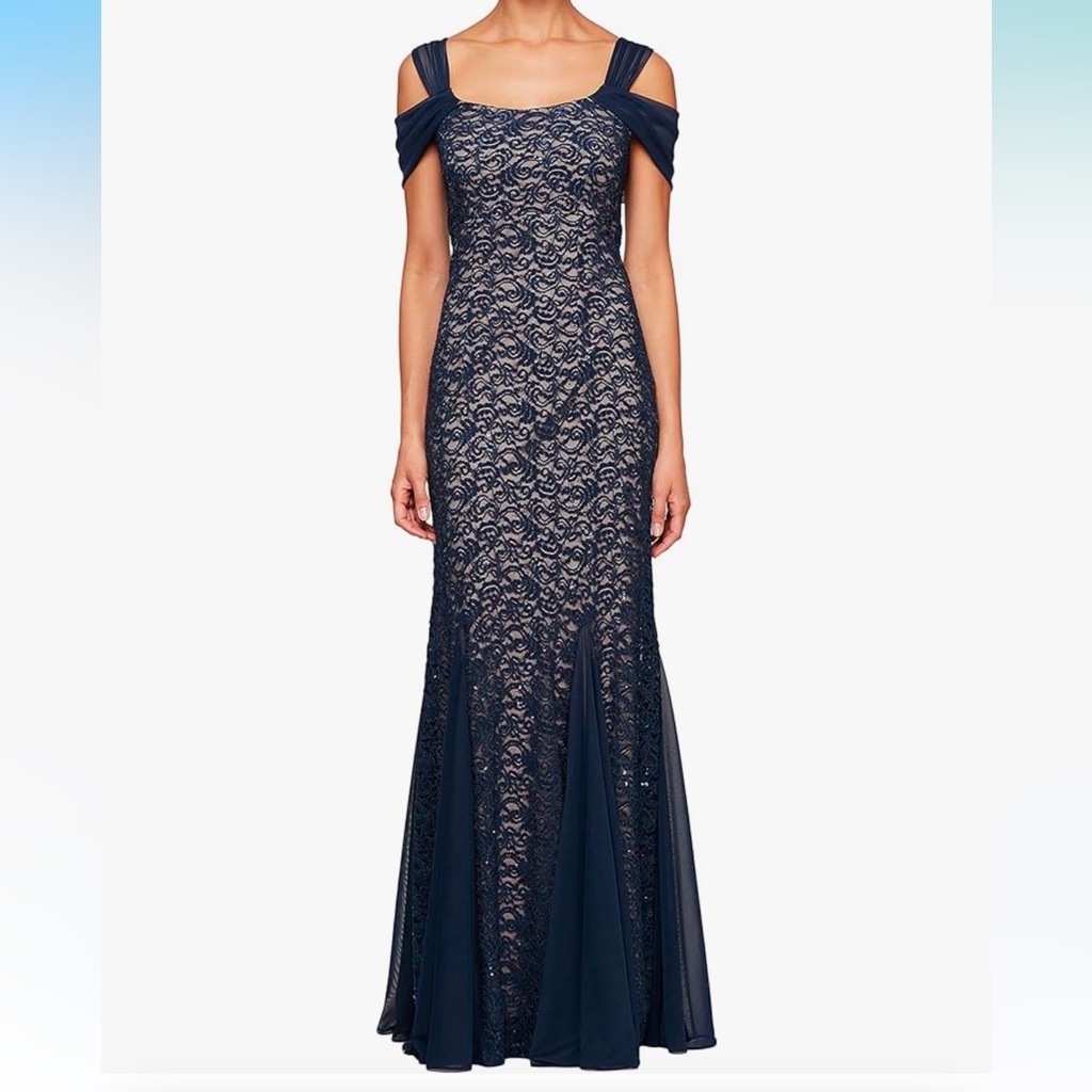 Alex Evenings Women's Long Cold Shoulder Wedding Guest Gown Size 10